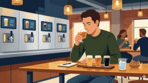 Иллюстрация процесса дегустации крафтового пива в современном баре с системой самообслуживания